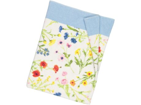 Feiler Flower Meadow chenille towel with wildflower motif and blue border