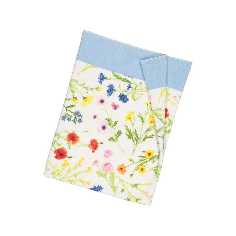 Feiler Flower Meadow chenille towel with wildflower motif and blue border
