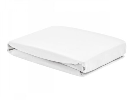 Christian Fischbacher Jersey Uni fitted sheet folded in white, showing the soft matte cotton jersey surface and deep elasticated corner