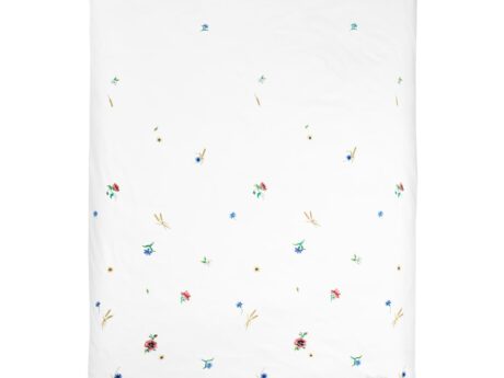 Christian Fischbacher Summerfield duvet cover in white Pima cotton satin with scattered wildflower print featuring poppies, cornflowers, wheat ears and daisies