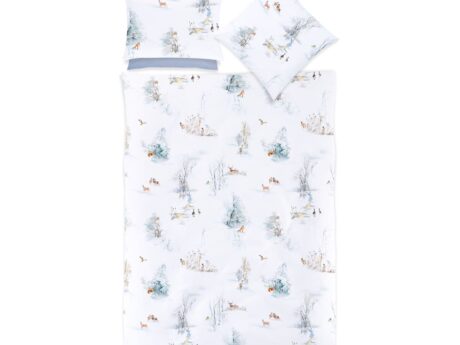 Christian Fischbacher Finja bed linen set with duvet cover and pillowcases in white Pima cotton satin with watercolour winter woodland print featuring deer, foxes, squirrels and birds