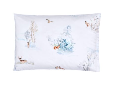 Christian Fischbacher Finja pillowcase 50x70cm in white Pima cotton satin with watercolour winter wildlife print featuring deer, stag, squirrel, hare and hawk in snowy landscape