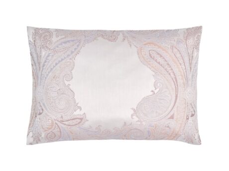 Christian Fischbacher Grace pillowcase 50x70cm in ivory Pima cotton satin with ornate paisley border print in soft blue, grey and peach tones