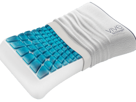 Technogel Vive Anatomic Curve pillow – cross-section view revealing blue gel tower layer beneath cashmere cover