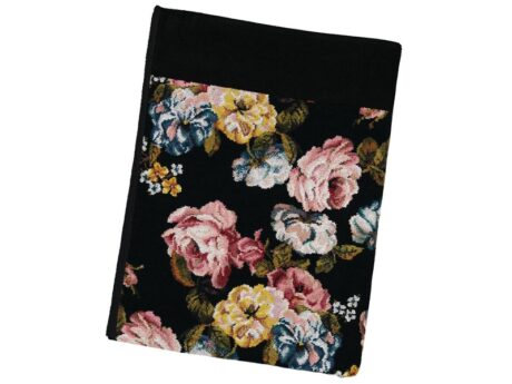 Feiler Rose Dream chenille towel with large-scale pink and yellow rose motif on black background