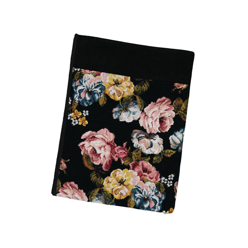 Feiler Rose Dream chenille towel with large-scale pink and yellow rose motif on black background