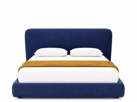 Bolzan Letti Corolle bed navy quilted fabric plinth base front view