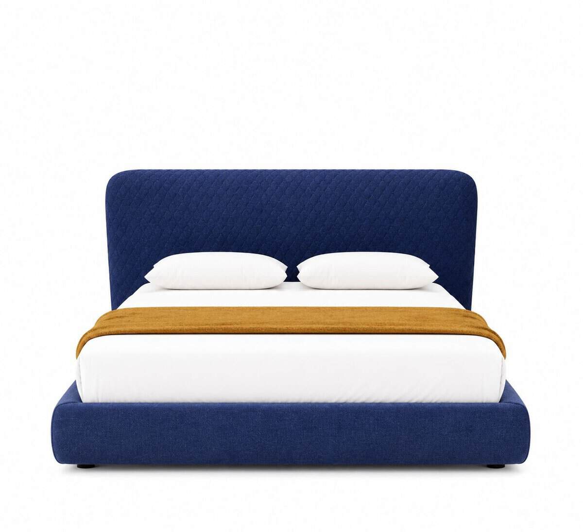 Bolzan Letti Corolle bed navy quilted fabric plinth base front view