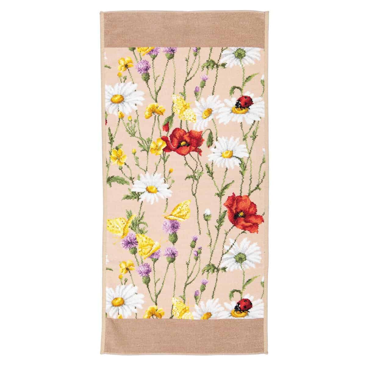 Feiler Daisy Field Beige towel safari wildflower poppy daisy chenille border