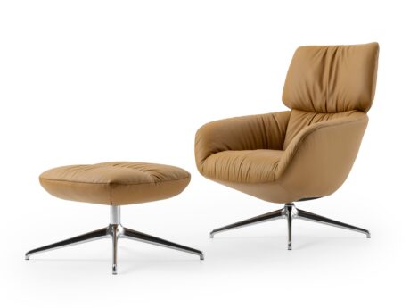 Leolux Lodey armchair camel leather with matching footstool on aluminium swivel base