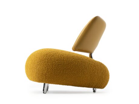 Leolux Pallone PA armchair mustard bouclรฉ camel leather rear angled view