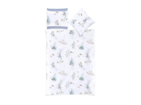 Christian Fischbacher Finja bed linen set with duvet cover and pillowcases in white Pima cotton satin with watercolour winter woodland print featuring deer, foxes, squirrels and birds