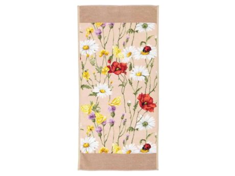 Feiler Daisy Field Beige towel safari wildflower poppy daisy chenille border