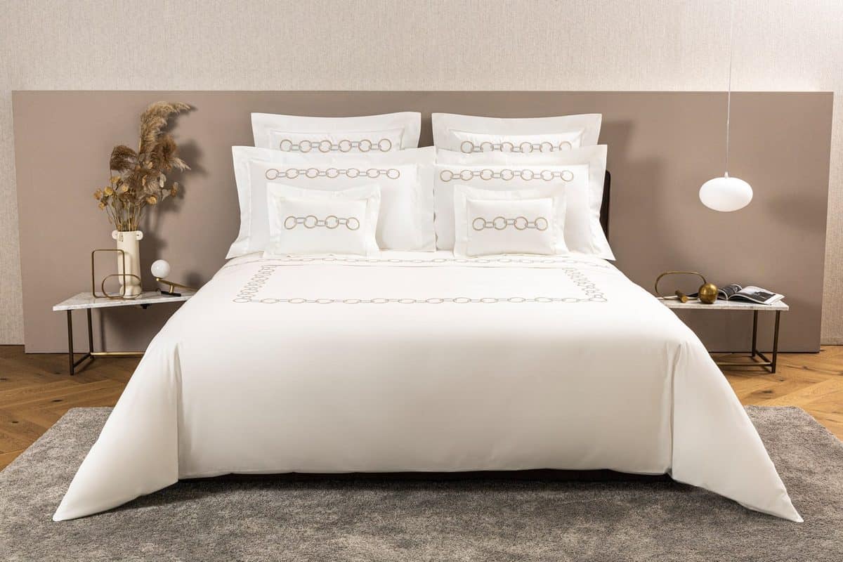 Bedroom with Frette Links Embroidery bed linen