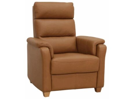 Pohjanmaan Atlanta Ergo recliner on wooden legs, shown in leather